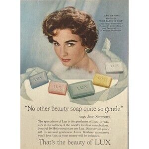 LUX Bar Soap Jean Simmons "No Other Beauty Soap Quite So Gentle" Print Ad 1959
